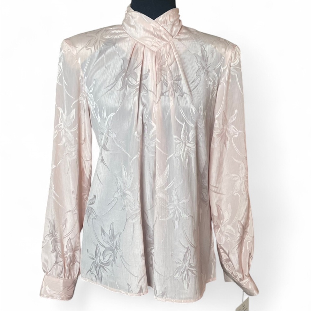 *NWT Notations Vintage 90s Light Pink Floral High Neck Long Sleeve Sheer Blouse
